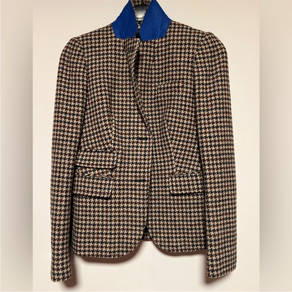 J. Crew Black & Cream Houndstooth Blazer with Blue Collar
